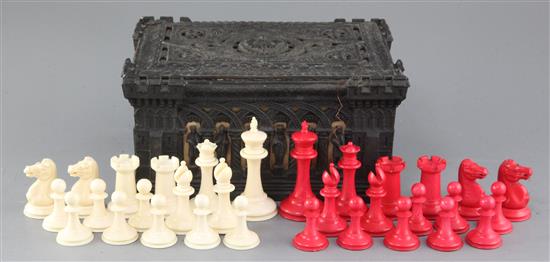 A Jaques of London Staunton carved and stained ivory chess set, kings 3in.